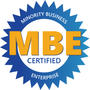 MBE logo that has a blue round spike circle with MBE in gold across the center and the words "certified" in blue.