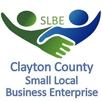 Green and blue Clayton County Small Local Business Enterprise logo of a green hand and blue shaking