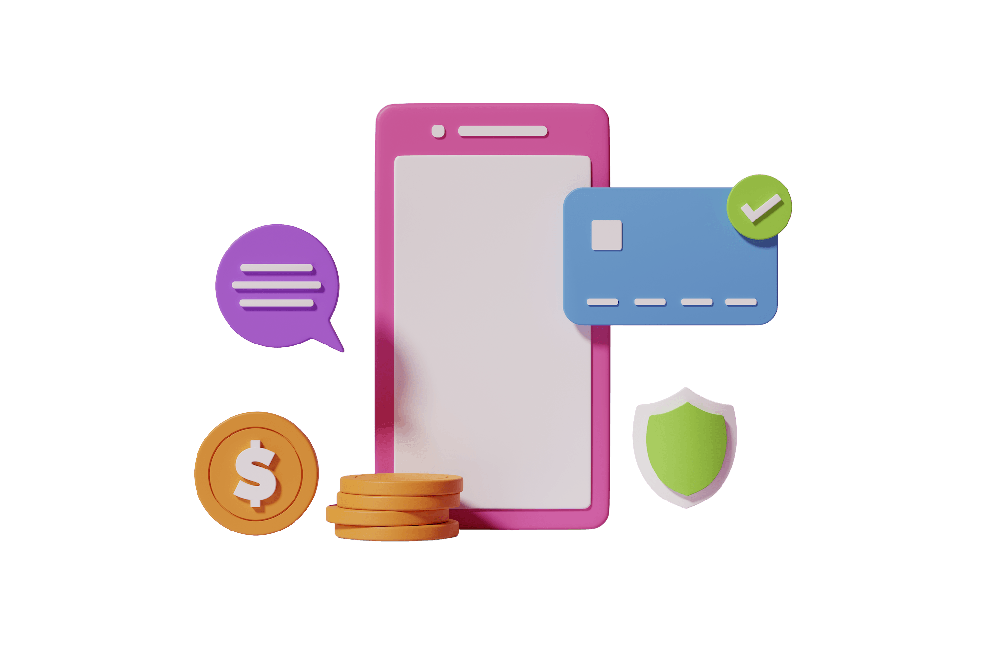 3D illustrative image of cell phone, money, security and payment for business Text to Pay services