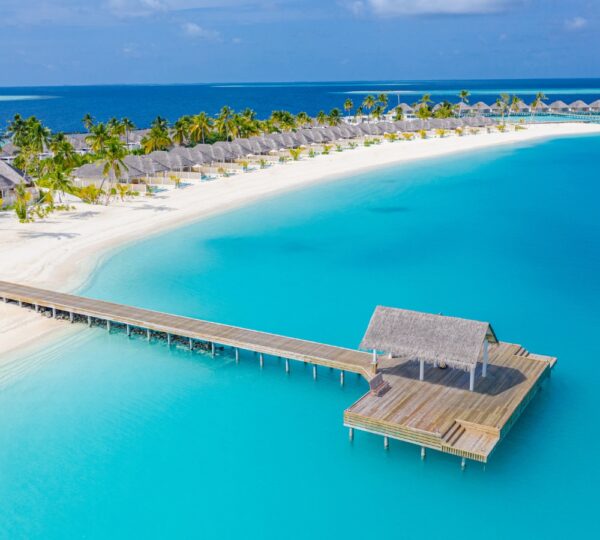 image of white sand beach and light and dark aqua water along with several palm trees and straw huts, pier and dock.